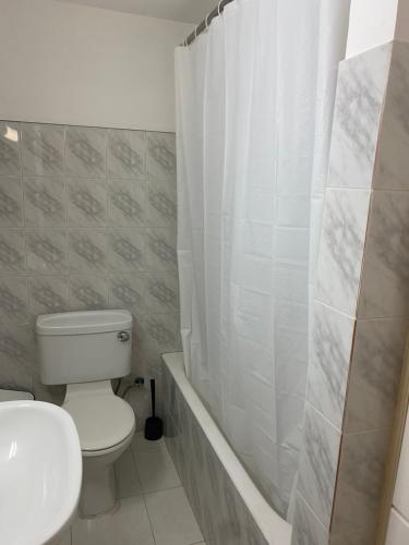 uma casa de banho com um WC e uma cortina de chuveiro em STS 21, Nicosia-Lakatamia one-bedroom Apartment em Kato Lakatamia