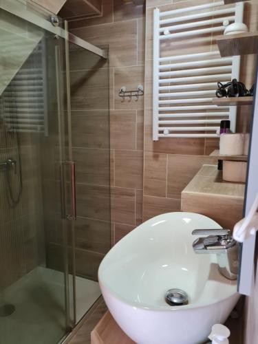 ein Badezimmer mit einem weißen Waschbecken und einer Dusche in der Unterkunft Flamingó Apartman in Balatonszárszó