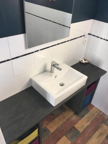 une salle de bain avec un lavabo blanc et un miroir dans l'établissement Gîte plein cœur de Sologne, à Marcilly-en-Gault