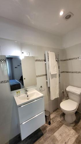 een witte badkamer met een toilet en een wastafel bij La TISSONNIERE Mer Alpilles Provence et Luberon avec Spa et Piscine à 10mns d Aix en Provence in Saint-Estève-Janson