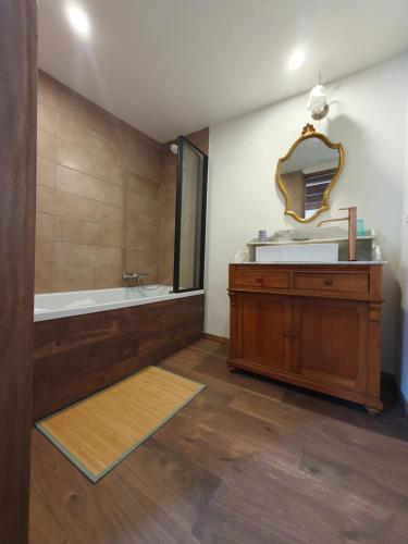 ein Badezimmer mit einer Badewanne, einem Waschbecken und einem Spiegel in der Unterkunft Le Sanglier Sauvage in Bussières-lès-Belmont