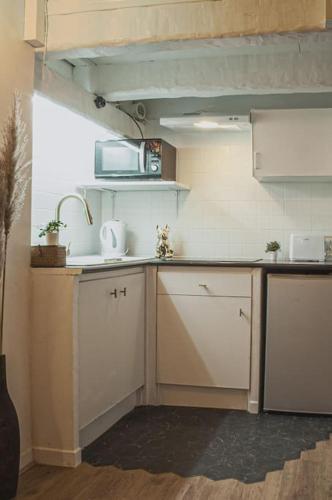une cuisine avec un évier et un micro-ondes dans l'établissement Joli appartement rénové dans le centre proche gare, à Marseille