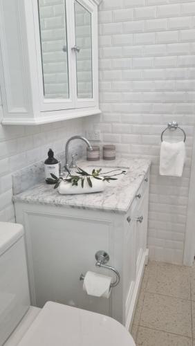 Baño blanco con lavabo y aseo en Peppercorn Cottage at Treetops Red Hill, en Red Hill