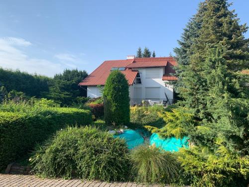a house with a garden in front of it at Willa 250 M z basenem, jacuzzi, ogrodem , tarasem oraz 2 hektary sadu , kominek i inne atrakcje in Buszkowice