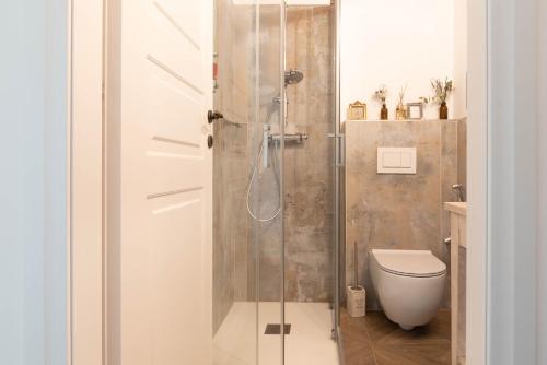 a bathroom with a shower and a toilet at Le camere di Olivia in Ravenna