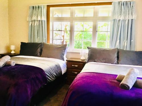 sypialnia z 2 łóżkami i oknem w obiekcie Northern Holiday Cottage w mieście Whangarei