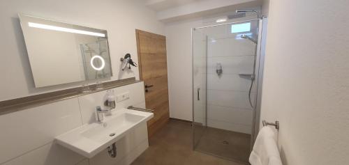 ein Bad mit einem Waschbecken und einer Dusche mit einem Spiegel in der Unterkunft Landhotel Imhof in Neuhof