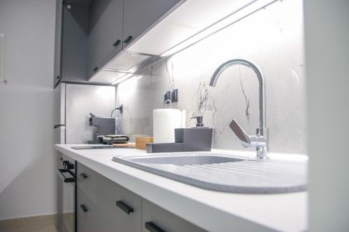 um balcão de cozinha com um lavatório e uma torneira em CasaTu 2 Apartments em Komotini