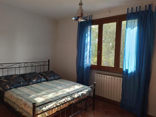 een slaapkamer met een bed met blauwe gordijnen en een raam bij Casa Alba in Altopascio
