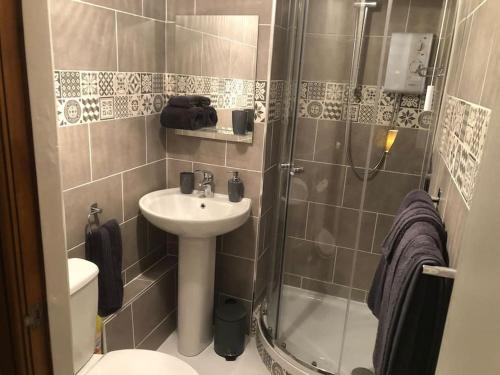 a bathroom with a shower and a sink and a toilet at Adorable 1 bedroom apartment in Ironbridge in Telford