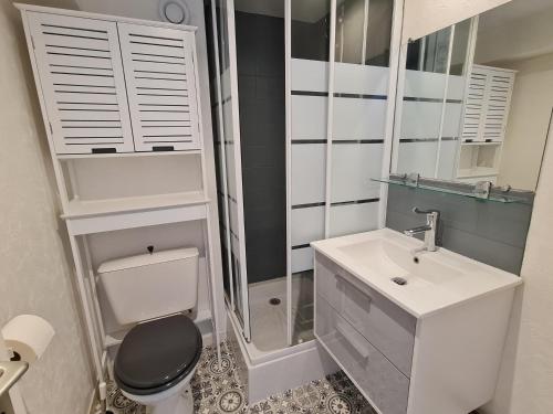 une petite salle de bain avec toilettes et lavabo dans l'établissement Ref 069 - Appartement pour quatre à Arzon Port Crouesty, à Arzon