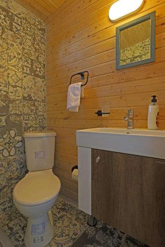 a bathroom with a toilet and a sink at Muhteşem deniz manzaralı ağaç ev in Kaş