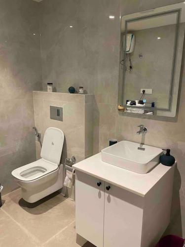 a bathroom with a white toilet and a sink at Solaris Premium Luxury Living in Accra