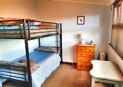 1 dormitorio con 2 literas y escritorio en Warradale Lodge and Mini Golf, 
