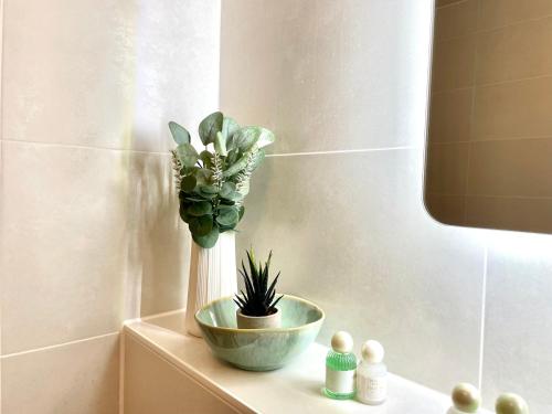 a plant in a vase on a shelf in a bathroom at E&K living - 6 pers - design apartment - fair - congress - parking in Augsburg