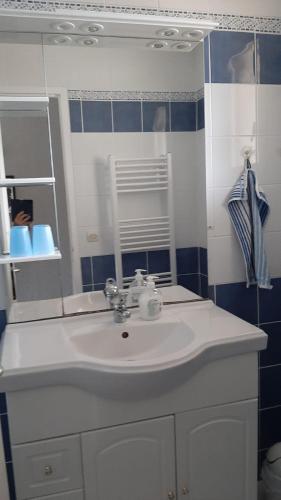 une salle de bain avec un lavabo blanc et un miroir dans l'établissement Garrigue sur cour, à Saint Pierre La Mer