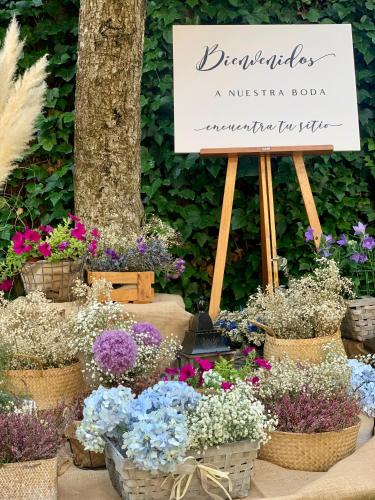 a display of flowers in baskets on a table at Hotel Villa Virginia in Sabiñánigo