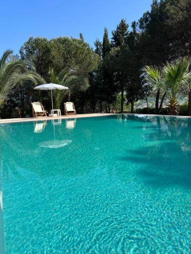 a large swimming pool with two chairs and an umbrella at Özel Havuzlu Bahçeli Müstakil Villa in Sile