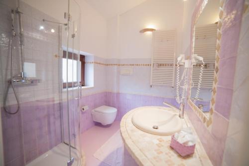 a bathroom with a sink and a shower and a toilet at Hotel Golden Gate in Bortigiadas