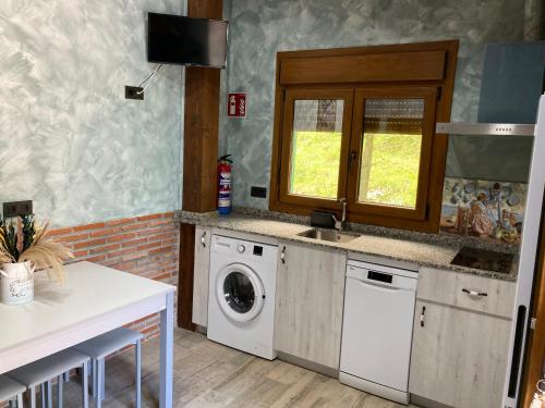 eine Küche mit einer Spüle und einer Waschmaschine in der Unterkunft FUENTE OSCURA in Ramales de la Victoria