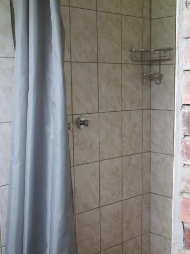 a shower with a shower curtain in a bathroom at Elandskloof Trout Farm in Dullstroom
