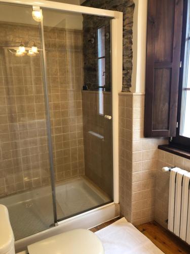 uma casa de banho com uma cabina de duche em vidro e um WC. em Casa Tula em Ortigueira