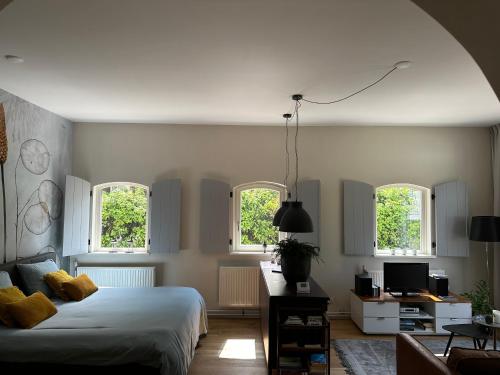 Koetshuys van Villadelfia في Tynaarlo: غرفة نوم بسرير وثلاث نوافذ