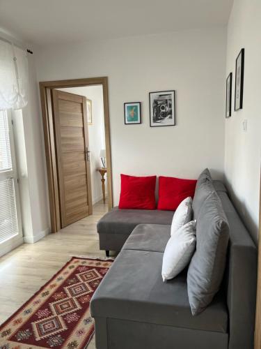 uma sala de estar com um sofá cinzento e almofadas vermelhas em Kapart City em Rzeszów