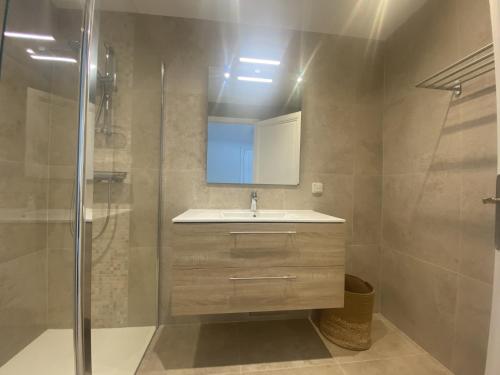La salle de bains est pourvue d'un lavabo, d'une douche et d'un miroir. dans l'établissement AS21755 - Grand P3 Vue Canal au cœur du Centre-Ville à 20m de la plage, au Grau-du-Roi