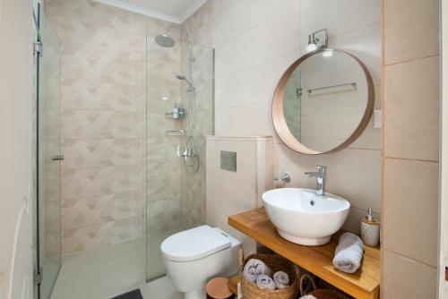 uma casa de banho com um WC, um lavatório e um espelho. em Villa Irida em Plátanos