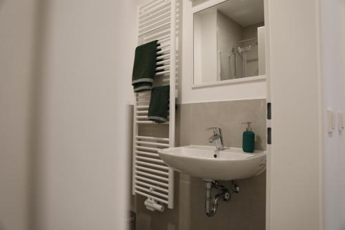 een badkamer met een wastafel en een spiegel bij Gästehaus Bernau OT Schönow in Bernau bei Berlin