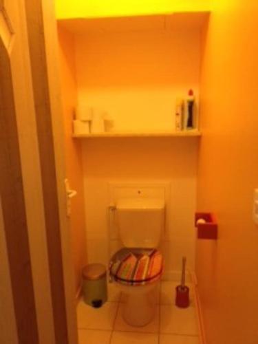 une salle de bain avec des toilettes blanches dans une chambre dans l'établissement Spacieux T2 Gd confort jardin et garage privatifs, à La Rochelle