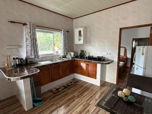 een keuken met een wastafel en een koelkast bij Happy stay villa in Grand'Anse Praslin