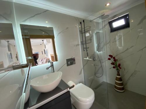 a bathroom with a sink and a toilet and a mirror at Villa Kirmizi Lale, Private Pool, Gardens, Very Close to Town - No Need for Taxi in Kas