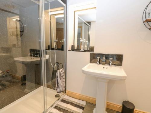 a bathroom with a sink and a shower at The Annexe, Grange Farm in Norwich