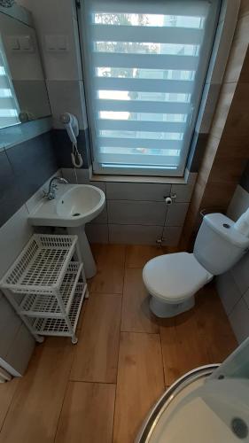 a bathroom with a toilet and a sink and a window at Willa Saba Międzywodzie in Międzywodzie