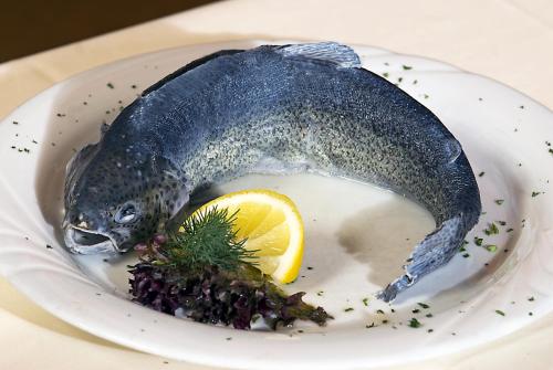 a fish on a plate with a slice of lemon at Gasthof Fischerstüberl in Rottau