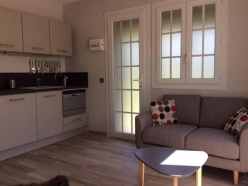 un salon avec un canapé et une cuisine dans l'établissement Studio climatisé avec petit jardin, à Villeneuve-lès-Avignon