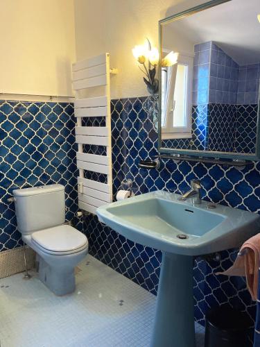 La salle de bains est pourvue de carrelage bleu, de toilettes et d'un lavabo. dans l'établissement Villa Barelli, à Cabris