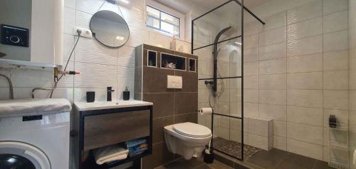 a bathroom with a toilet and a sink and a shower at Apartment in Siofok-Sosto/Balaton 38178 in Balatonszabadi Fürdőtelep