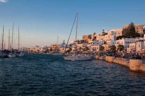 a group of boats docked in a harbor with buildings at Naxian Air in Agios Georgios