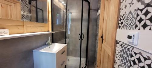 a bathroom with a toilet and a sink and a shower at Letnisko BAJKA in Iława