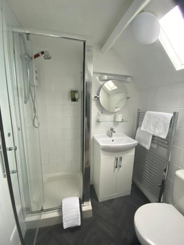 a bathroom with a shower and a sink and a toilet at Camelot Guest House in Falmouth