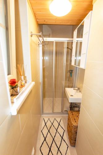 a bathroom with a shower and a sink at Haus Roserlheim in Pörtschach am Wörthersee