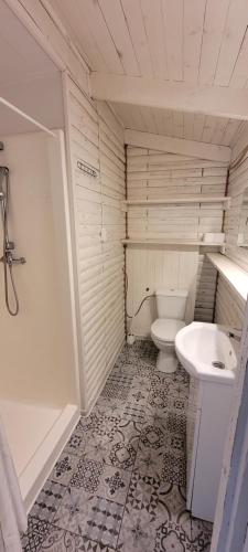 a small bathroom with a toilet and a sink at Letnisko BAJKA in Iława