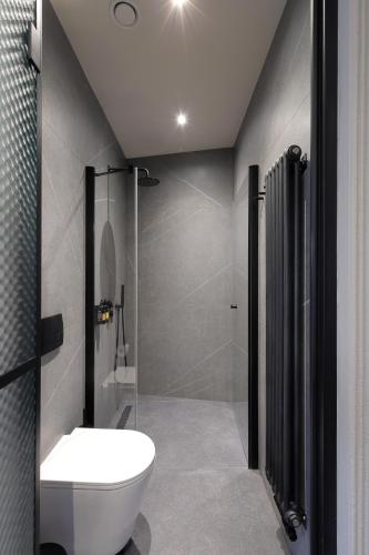 a bathroom with a white toilet and a shower at Hotel Prokop Square in Prague