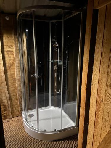 una ducha de cristal en una habitación de madera en Home Sweet Dôme in Bouillon, en Noirefontaine