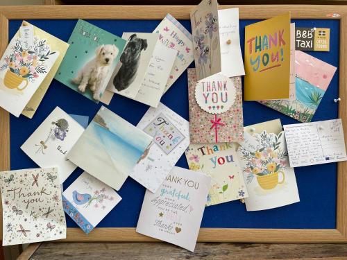 een tafel bedekt met allerlei verschillende soorten papier bij Bradleigh Lodge in St Austell