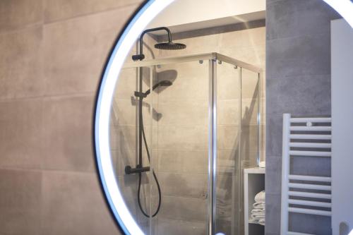 łazienka z prysznicem w lustrze w obiekcie ColmarAppart Vauban avec Spa w mieście Colmar