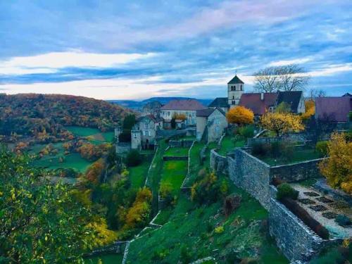 an old castle in the middle of a green field at Maison de village family friendly - Doucier in Doucier